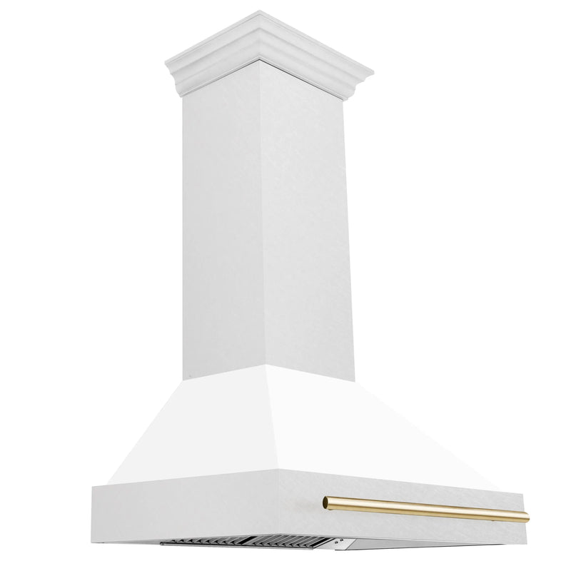 ZLINE Autograph Edition 36" Fingerprint Resistant Stainless Steel Range Hood with White Matte Shell and Polished Gold Handle (8654SNZ-WM36-G) Zline