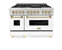 ZLINE Autograph Edition 48 in. 6.0 cu. ft. Legacy Dual Fuel Range with 7 Burner Gas Cooktop and 2 Electric Ovens in Stainless Steel with White Matte Doors and Champagne Bronze Accents