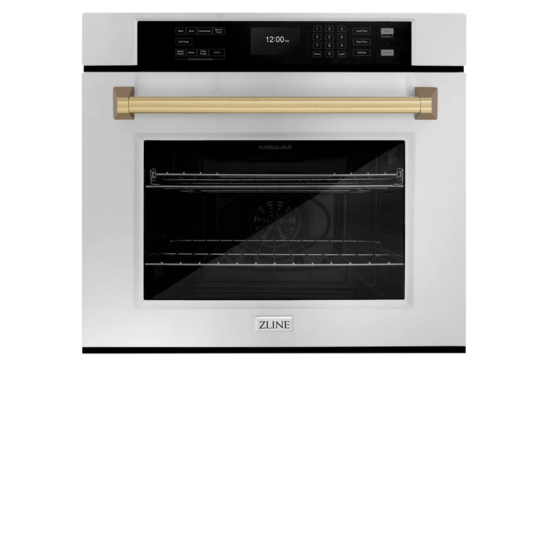 ZLINE 30 in. Autograph Edition Professional True Convection Single Wall Oven with Air Fry and Self Clean in Satin Stainless Steel with Polished Gold Handle (WASSZ-30-G) Zline