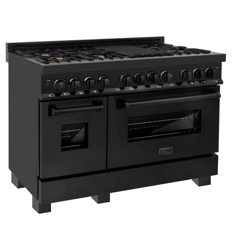 ZLINE 48 in. 6.0 cu. ft. Legacy Dual Fuel Range with Gas Cooktop and 2 Electric Ovens in Black Stainless Steel with 6 Brass Burners (RAB-BR-48) Zline