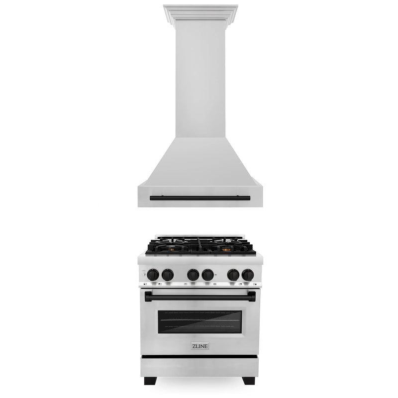 ZLINE 30" Autograph Edition Kitchen Package with Stainless Steel Dual Fuel Range and Range Hood with Matte Black Accents (2AKP-RARH30-MB) Zline