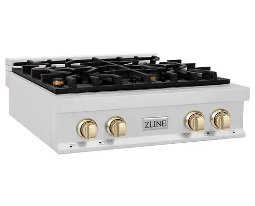 ZLINE Autograph Edition 30 in. Legacy Gas Rangetop with 4 Burners and Porcelain Cooktop in Satin Stainless Steel with Champagne Bronze Accents (RTSZ-30-CB) Zline