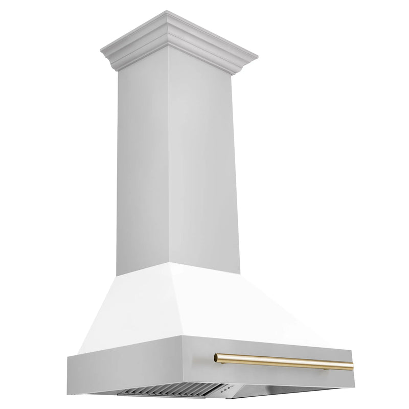 ZLINE Autograph Edition 30" Stainless Steel Range Hood with White Matte Shell and Polished Gold Handle (8654STZ-WM30-G) Zline