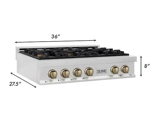 ZLINE Autograph Edition 36 in. Legacy Gas Rangetop with 6 Burners and Porcelain Cooktop in Satin Stainless Steel with Polished Gold Accents (RTSZ-36-G) Zline