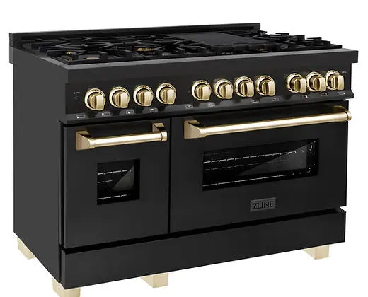 ZLINE Autograph Edition 48 in. 6.0 cu. ft. Legacy Dual Fuel Range with 7 Burner Gas Cooktop and 2 Electric Ovens in Black Stainless Steel and Champagne Bronze Accents (RABZ-48-CB) Zline
