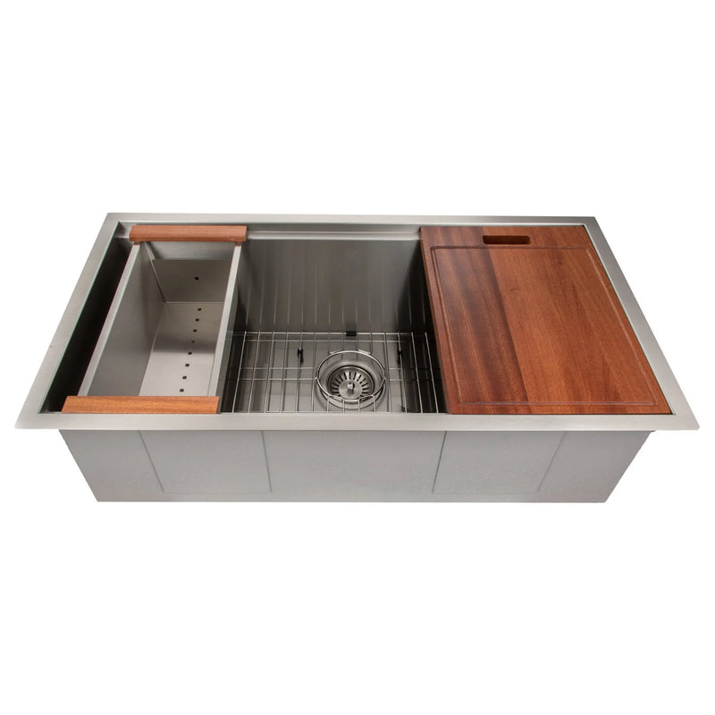 ZLINE 33 in. Garmisch Undermount Single Bowl Satin Stainless Steel Kitchen Sink with Bottom Grid and Accessories (SLS-33S) Zline