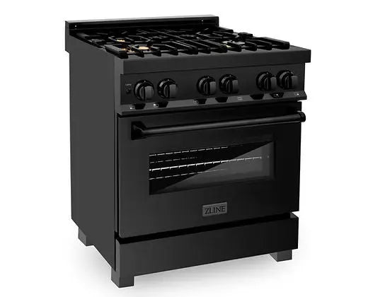 ZLINE 30 in. 4.0 cu. ft. Legacy Dual Fuel Range with Gas Cooktop and Electric Convection Oven in Black Stainless Steel with 4 Brass Burners (RAB-BR-30) Zline