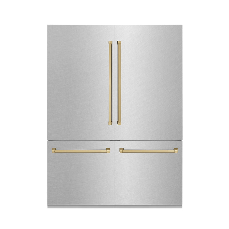 ZLINE Autograph Edition 60 in. 32.2 cu. ft. French Door Built-In Bottom Freezer Refrigerator with Water Dispenser and Ice Maker in DuraSnow® Stainless Steel with Champagne Bronze Accents (RBIVZ-SN-60-CB) ZLINE
