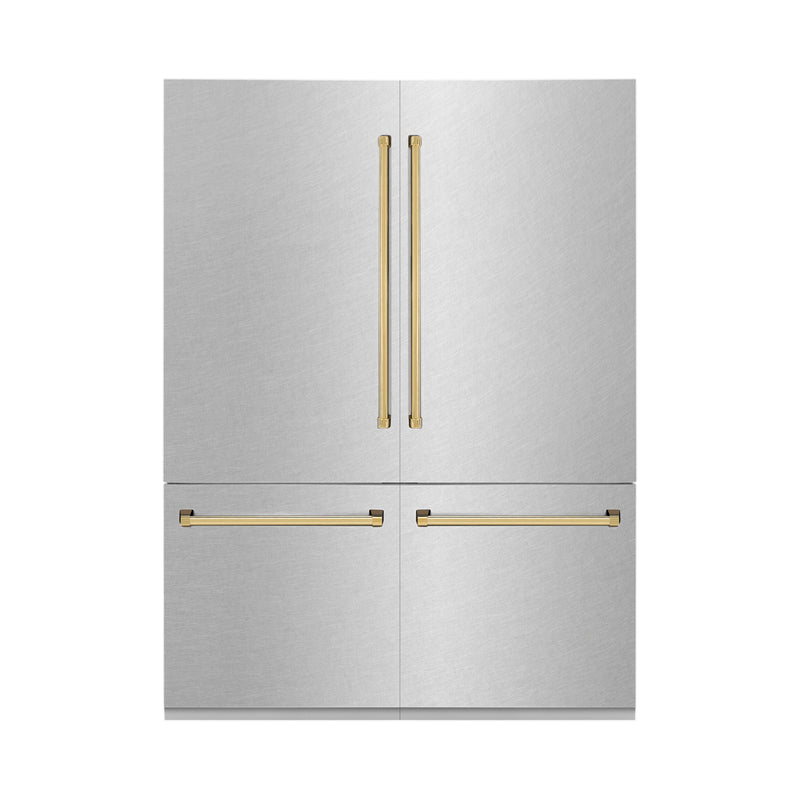 ZLINE Autograph Edition 60 in. 32.2 cu. ft. French Door Built-In Bottom Freezer Refrigerator with Water Dispenser and Ice Maker in DuraSnow® Stainless Steel with Polished Gold Accents (RBIVZ-SN-60-G) ZLINE