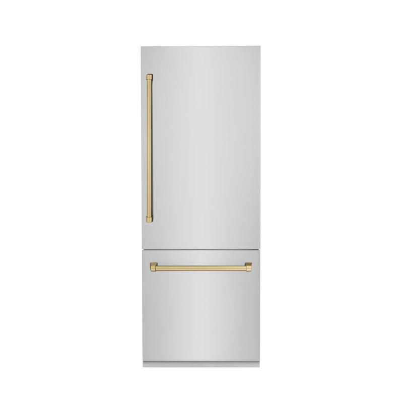 ZLINE Autograph Edition 30 in. 16.1 cu. ft. Built-In Bottom Freezer Refrigerator with Water Dispenser and Ice Maker in Stainless Steel with Champagne Bronze Accents (RBIVZ-304-30-CB) ZLINE