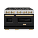 ZLINE Autograph Edition 48 in. 6.7 cu. ft. Classic Double Oven Dual Fuel Range with 8 Burner Gas Cooktop in Satin Stainless Steel with Black Matte Doors and Polished Gold Accents (CDRSZ-BLM-48-G)