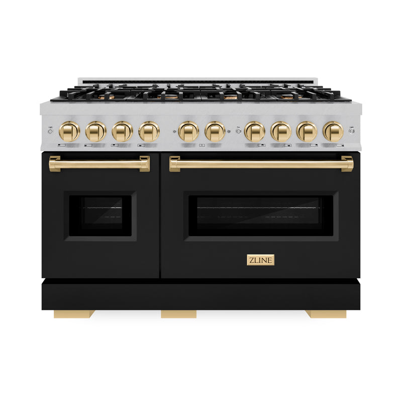 ZLINE Autograph Edition 48 in. 6.7 cu. ft. Classic Double Oven Dual Fuel Range with 8 Burner Gas Cooktop in Satin Stainless Steel with Black Matte Doors and Polished Gold Accents (CDRSZ-BLM-48-G) ZLINE