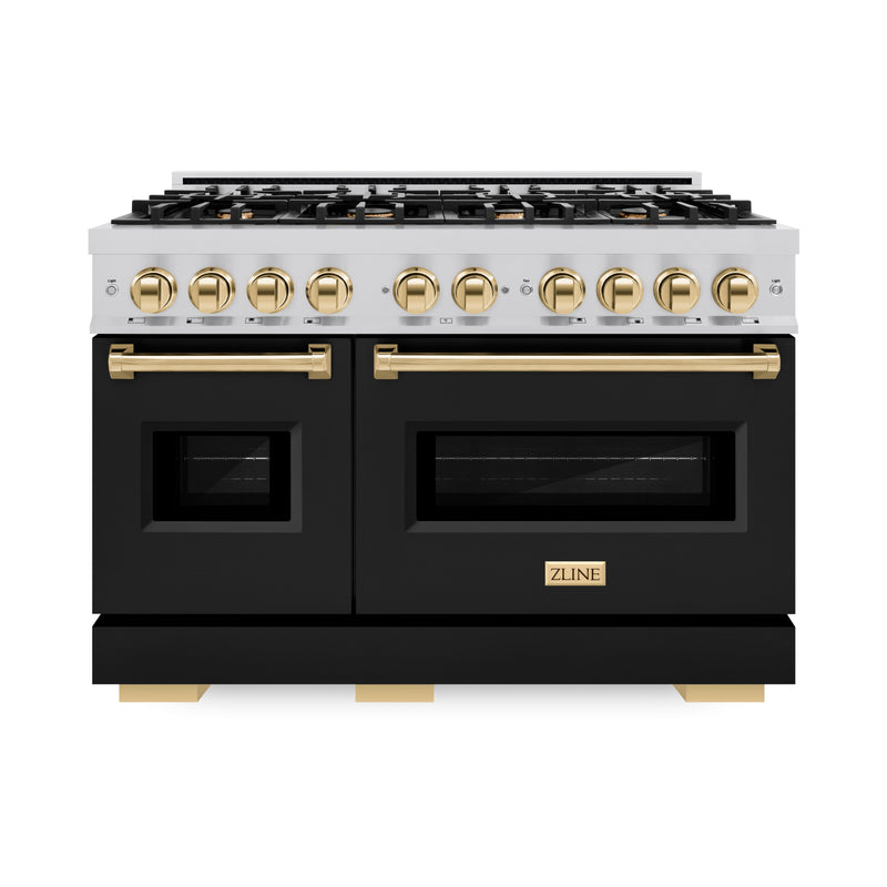 ZLINE Autograph Edition 48 in. 6.7 cu. ft. Classic Double Oven Dual Fuel Range with 8 Burner Gas Cooktop in Stainless Steel with Black Matte Doors and Polished Gold Accents (CDRZ-BLM-48-G) ZLINE