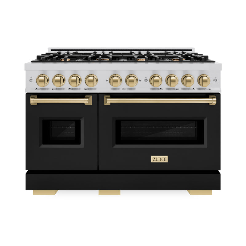 ZLINE Autograph Edition 48 in. 6.7 cu. ft. Classic Double Oven Gas Range with 8 Burner Cooktop in Stainless Steel with Black Matte Doors and Champagne Bronze Accents (CGRZ-BLM-48-CB) ZLINE