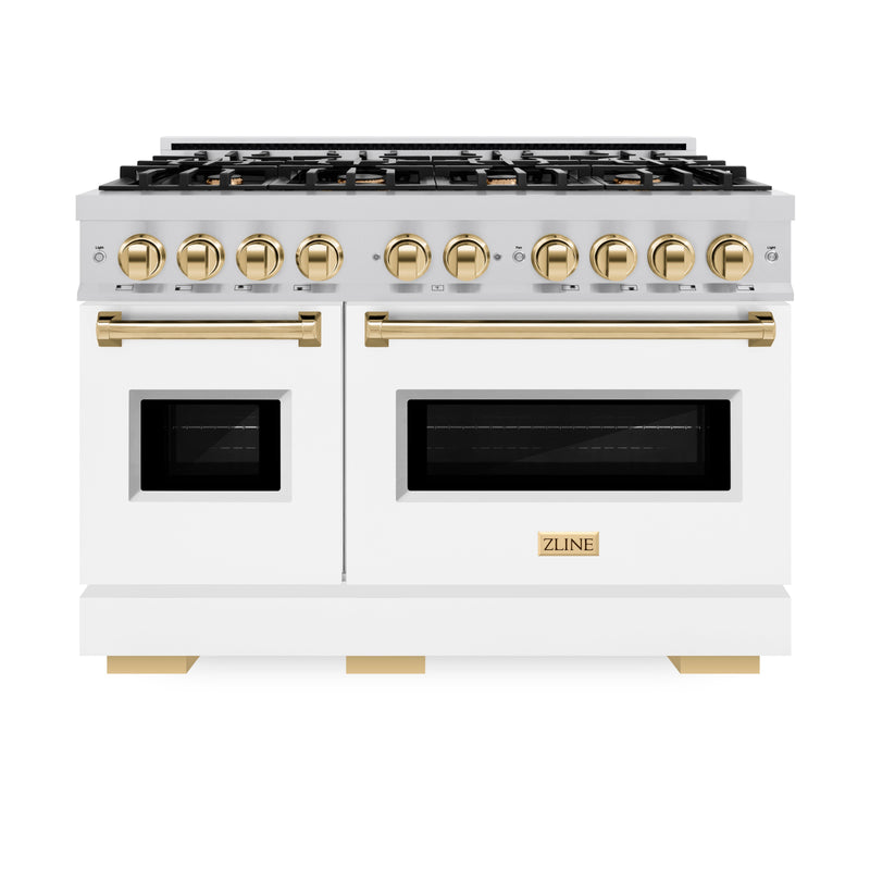 ZLINE Autograph Edition 48 in. 6.7 cu. ft. Classic Double Oven Gas Range with 8 Burner Cooktop in Stainless Steel with White Matte Doors and Polished Gold Accents (CGRZ-WM-48-G) ZLINE
