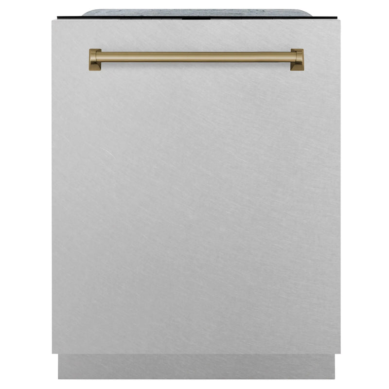 ZLINE Autograph Edition 24" Monument Series 3rd Rack Top Touch Control Tall Tub Dishwasher in Stainless Steel with Champagne Bronze Handle, 45dBa (DWMTZ-304-24-CB) Zline