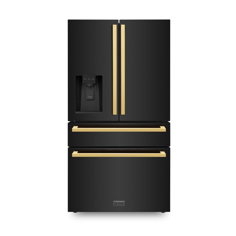 ZLINE Autograph Edition 36 in. 21.6 cu. ft. Counter-Depth French Door Refrigerator with Water and Ice Dispenser in Fingerprint-Resistant Black Stainless Steel with Polished Gold Modern Handles (RFMZ-W-36-BS-FG) ZLINE