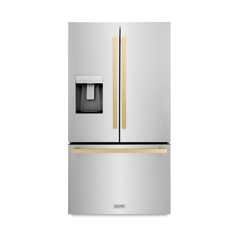 ZLINE Autograph Edition 36 in. 28.9 cu. ft. Standard-Depth French Door External Water Dispenser Refrigerator with Dual Ice Maker in Fingerprint-Resistant Stainless Steel and Champagne Bronze Modern Handles (RSMZ-W-36-FCB) ZLINE
