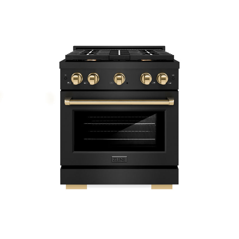 ZLINE Autograph Edition 30 in. 4.2 cu. ft. Paramount Gas Range with 4 Burner Cooktop and Convection Gas Oven in Black Stainless Steel and Polished Gold Accents (SGRBZ-30-G) ZLINE