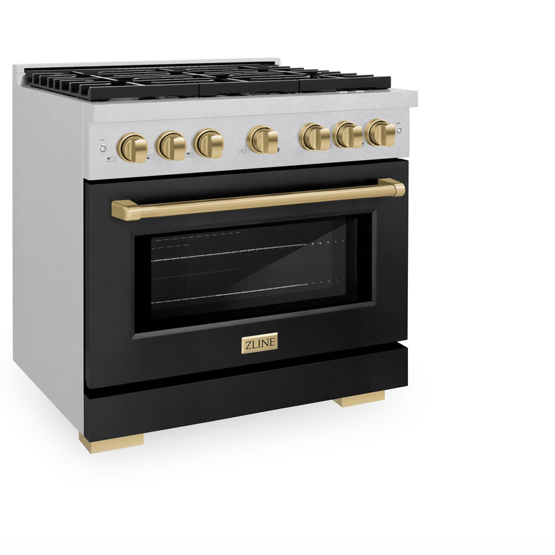 ZLINE Autograph Edition 36 in. 5.2 cu. ft. Paramount Dual Fuel Range with 6 Burner Gas Cooktop and Electric Convection Oven in Satin Stainless Steel with Black Matte Door and Champagne Bronze Accents (SDRSZ-BLM-36-CB) ZLINE