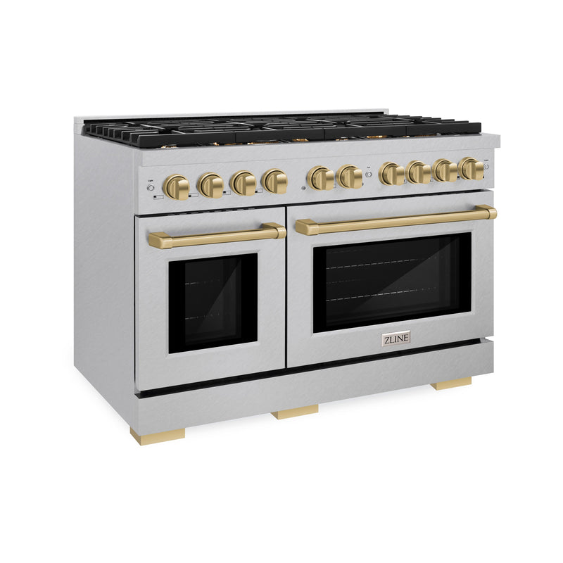 ZLINE Autograph Edition 48 in. 6.7 cu. ft. Paramount Double Oven Gas Range with 8 Burner Cooktop in Satin Stainless Steel and Champagne Bronze Accents (SGRSZ-48-CB) ZLINE