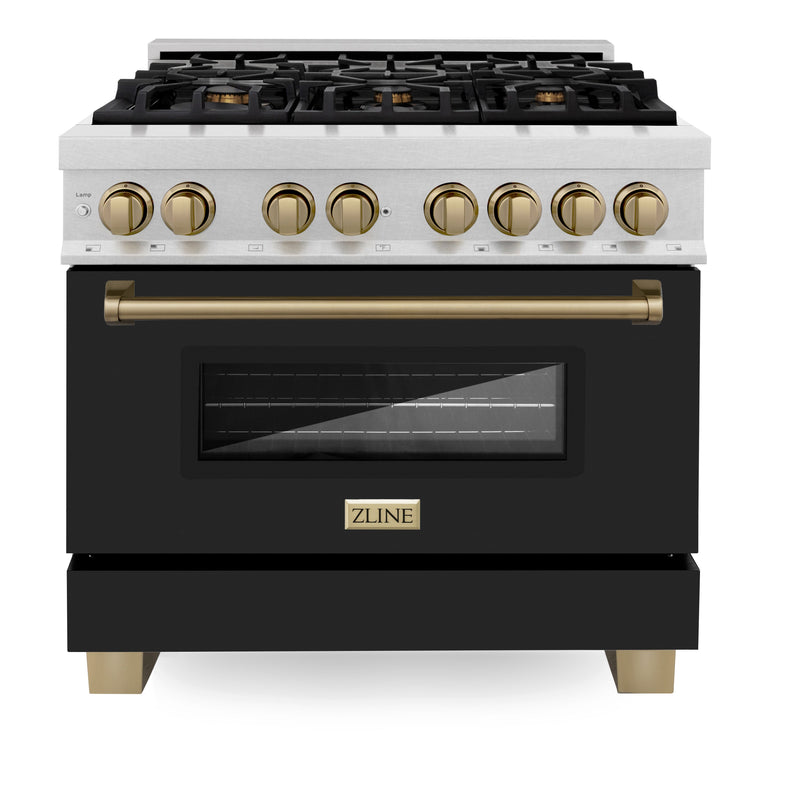 ZLINE Autograph Edition 36 in. 4.6 cu. ft. Legacy Dual Fuel Range with 6 Burner Gas Cooktop and Electric Convection Oven in Satin Stainless Steel with Black Matte Door and Polished Gold Accents (RASZ-BLM-36-G) ZLINE