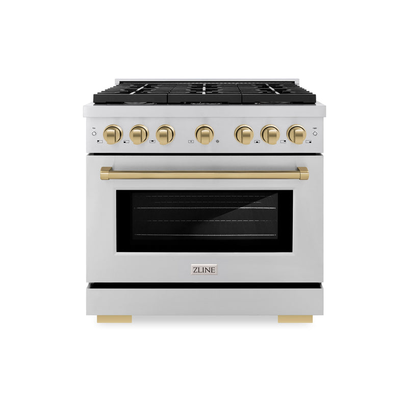 ZLINE Autograph Edition 36 in. 5.2 cu. ft. Paramount Dual Fuel Range with 6 Burner Gas Cooktop and Electric Convection Oven in Stainless Steel with Champagne Bronze Accents (SDRZ-36-CB) ZLINE