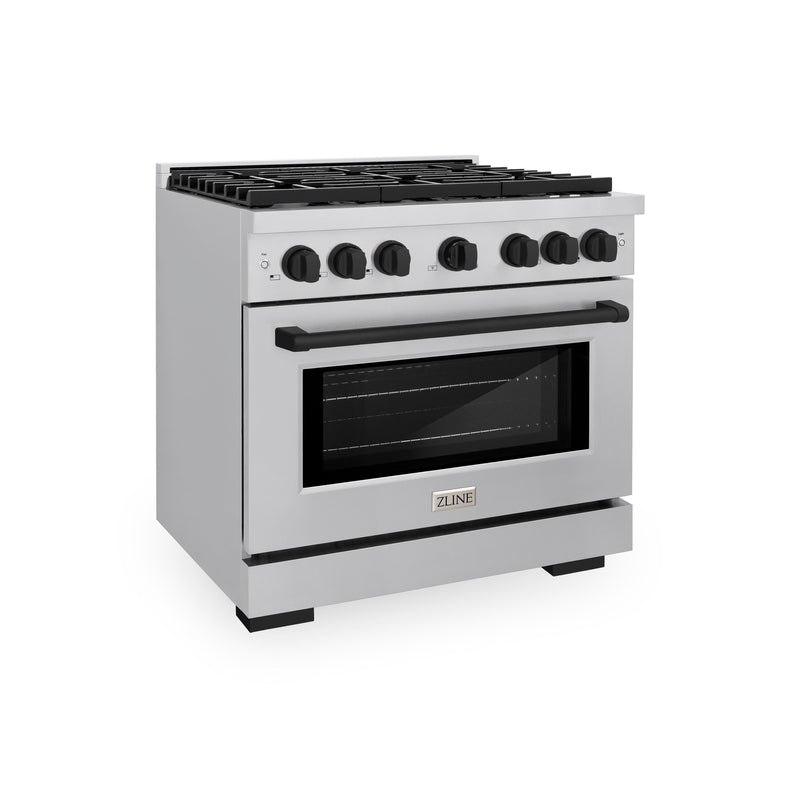 ZLINE Autograph Edition 36 in. 5.2 cu. ft. Paramount Dual Fuel Range with 6 Burner Gas Cooktop and Electric Convection Oven in Stainless Steel with Matte Black Accents (SDRZ-36-MB) ZLINE