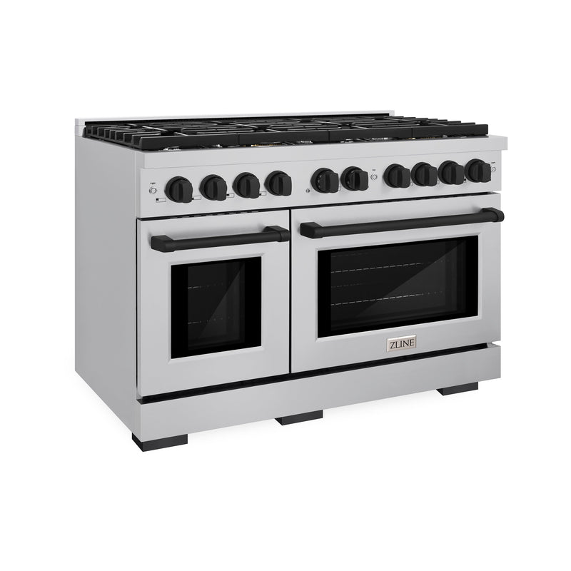 ZLINE Autograph Edition 48 in. 6.7 cu. ft. Paramount Double Oven Gas Range with 8 Burner Cooktop in Stainless Steel and Matte Black Accents (SGRZ-48-MB) ZLINE