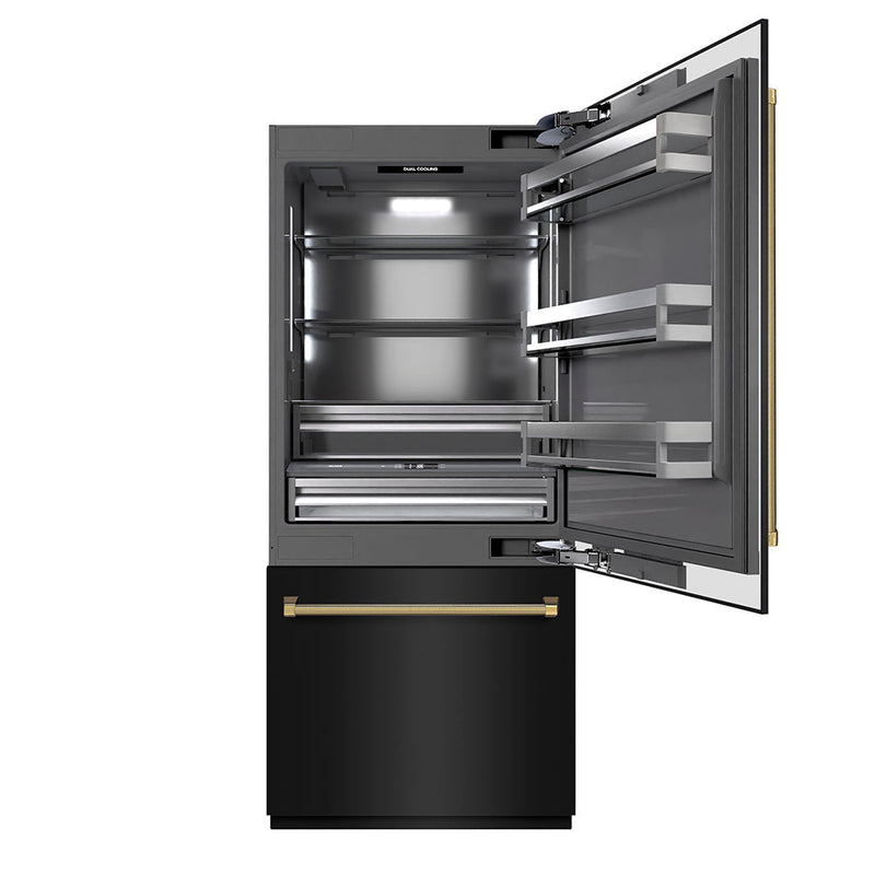 ZLINE Autograph Edition 36 in. 19.8 cu. ft. Built-In Bottom Freezer Refrigerator with Water Dispenser and Ice Maker in Black Stainless Steel with Graphite Gray Interior and Polished Gold Helix Handles (GRBITZ-BS36-KG) ZLINE