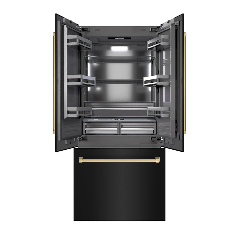 ZLINE Autograph Edition 36 in. 19.6 cu. ft. French Door Built-In Bottom Freezer Refrigerator with Water Dispenser and Ice Maker in Black Stainless Steel with Graphite Gray Interior and Champagne Bronze Accents (GRBIVZ-BS-36-CB) ZLINE