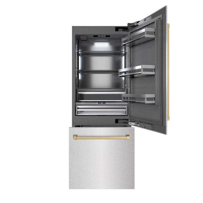 ZLINE Autograph Edition 30 in. 16.1 cu. ft. Built-In Bottom Freezer Refrigerator with Water Dispenser and Ice Maker in DuraSnow® Stainless Steel with Graphite Gray Interior and Champagne Bronze Accents (GRBIVZ-SN-30-CB) ZLINE