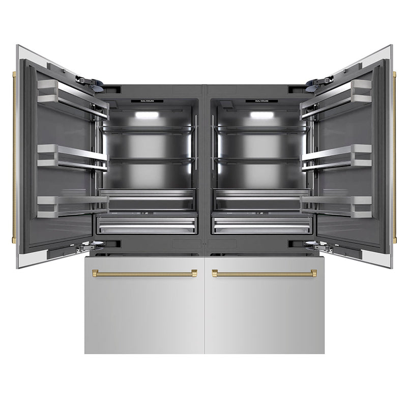 ZLINE Autograph Edition 72 in. 39.6 cu. ft. French Door Built-In Bottom Freezer Refrigerator with Water Dispensers and Ice Makers in Stainless Steel with Graphite Gray Interior and Champagne Bronze Helix Handles (GRBITZ-30472KCB) ZLINE