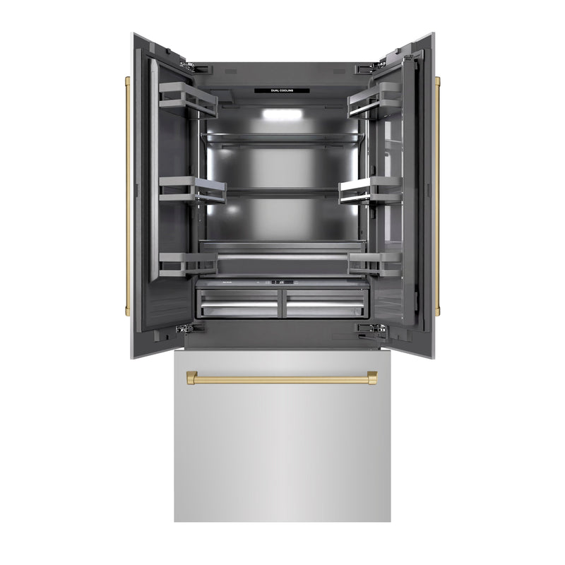 ZLINE Autograph Edition 36 in. 19.6 cu. ft. French Door Built-In Bottom Freezer Refrigerator with Water Dispenser and Ice Maker in Stainless Steel with Graphite Gray Interior and Champagne Bronze Accents (GRBIVZ-304-36CB) ZLINE