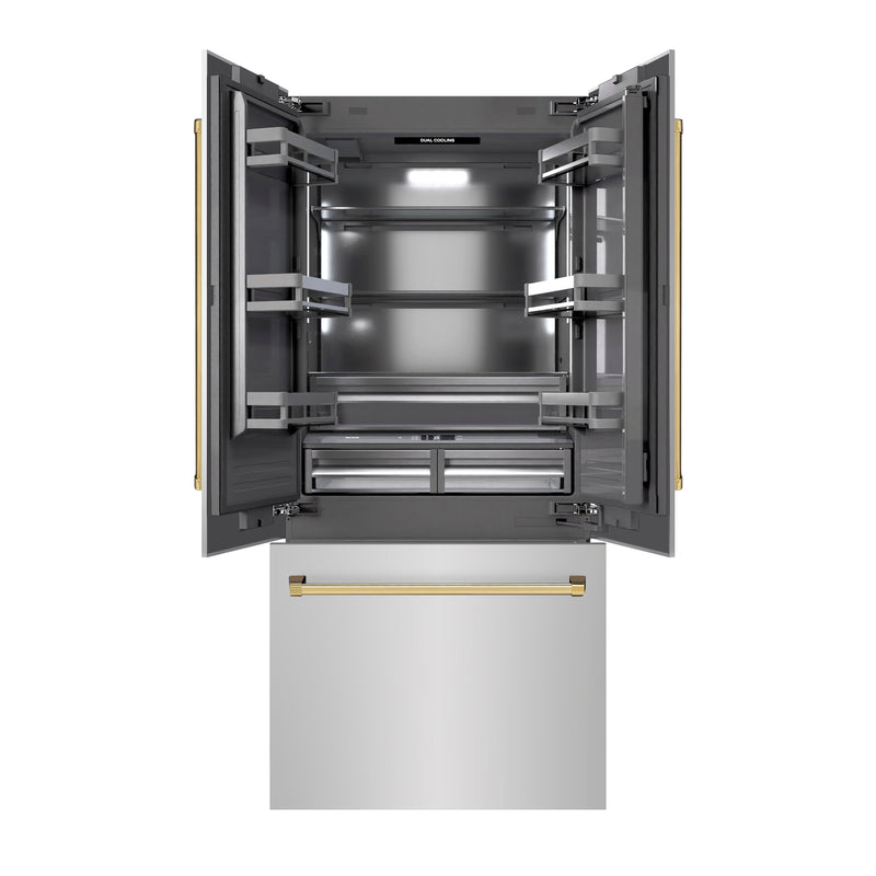 ZLINE Autograph Edition 36 in. 19.6 cu. ft. French Door Built-In Bottom Freezer Refrigerator with Water Dispenser and Ice Maker in Stainless Steel with Graphite Gray Interior and Polished Gold Accents (GRBIVZ-304-36G) ZLINE