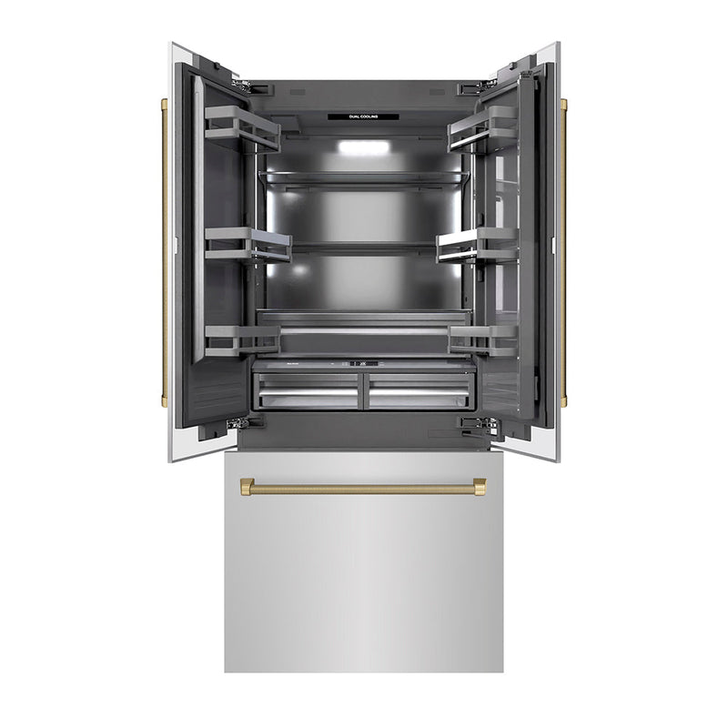 ZLINE Autograph Edition 36 in. 19.6 cu. ft. French Door Built-In Bottom Freezer Refrigerator with Water Dispenser and Ice Maker in Stainless Steel with Graphite Gray Interior and Champagne Bronze Helix Handles (GRBIVZ-30436KCB) ZLINE