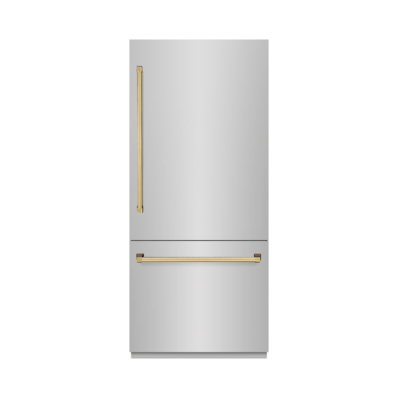 ZLINE Autograph Edition 36 in. 19.8 cu. ft. Built-In Bottom Freezer Refrigerator with Water Dispenser and Ice Maker in Stainless Steel with Polished Gold Accents (RBITZ-304-36G) ZLINE