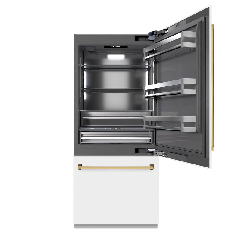 ZLINE Autograph Edition 36 in. 19.8 cu. ft. Built-In Bottom Freezer Refrigerator with Water Dispenser and Ice Maker in White Matte with Graphite Gray Interior and Polished Gold Accents (GRBITZ-WM-36-G) ZLINE