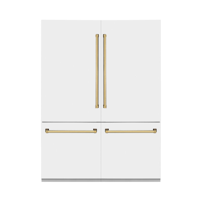 ZLINE Autograph Edition 60 in. 32.2 cu. ft. French Door Built-In Bottom Freezer Refrigerator with Water Dispenser and Ice Maker in White Matte with Polished Gold Accents (RBIVZ-WM-60-G) ZLINE