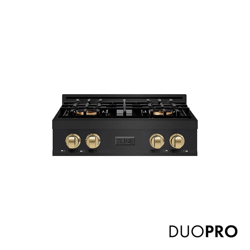 ZLINE Autograph Edition 30 in. Classic Gas Rangetop with 4 Burner DuoPro™ Cooktop in Black Stainless Steel and Champagne Bronze Accents (PCRTBZ-30-CB) ZLINE