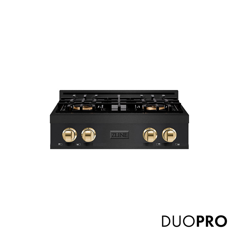 ZLINE Autograph Edition 30 in. Classic Gas Rangetop with 4 Burner DuoPro™ Cooktop in Black Stainless Steel and Polished Gold Accents (PCRTBZ-30-G) ZLINE