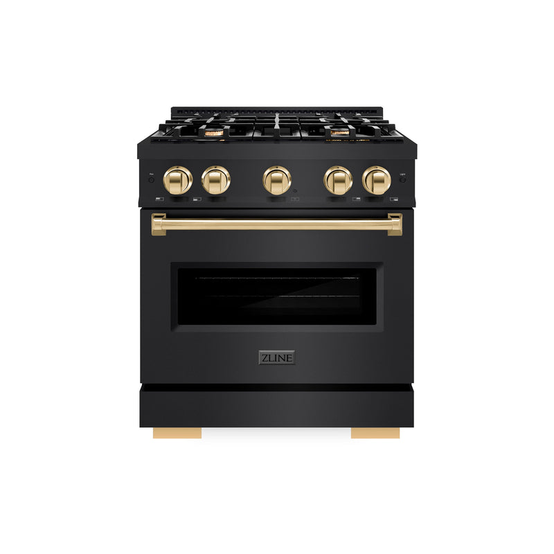 ZLINE Autograph Edition 30 in. 4.2 cu. ft. Classic Dual Fuel Range with 4 Burner Gas Cooktop and Electric Convection Oven in Black Stainless Steel with Polished Gold Accents (CDRBZ-30-G) ZLINE