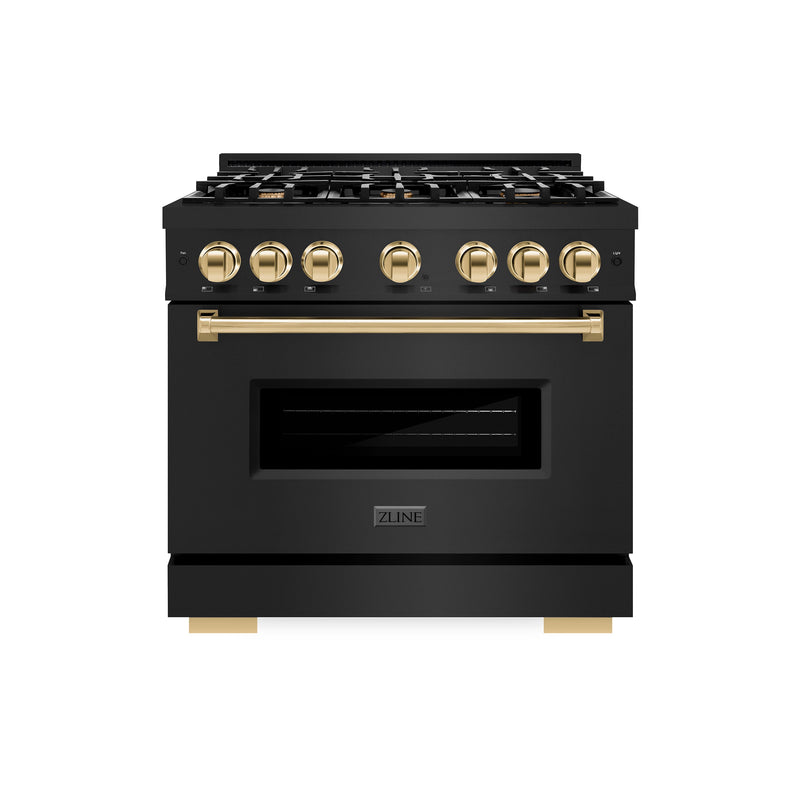 ZLINE Autograph Edition 36 in. 5.2 cu. ft. Classic Dual Fuel Range with 6 Burner Gas Cooktop and Electric Convection Oven in Black Stainless Steel with Polished Gold Accents (CDRBZ-36-G) ZLINE