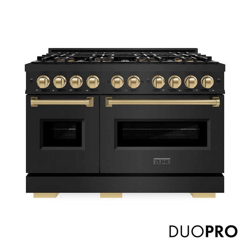 ZLINE Autograph Edition 48 in. Classic Dual Fuel Range in Black Stainless Steel with 10 Burner DuoPro Cooktop with Champagne Bronze Accents (PCDRBZ-48-CB) ZLINE