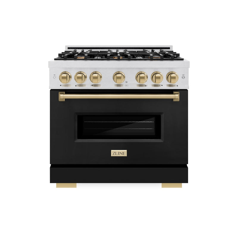 ZLINE Autograph Edition 36 in. 5.2 cu. ft. Classic Gas Range with 6 Burner Cooktop and Convection Gas Oven in Satin Stainless Steel with Black Matte Door and Champagne Bronze Accents (CGRSZ-BLM-36-CB) ZLINE