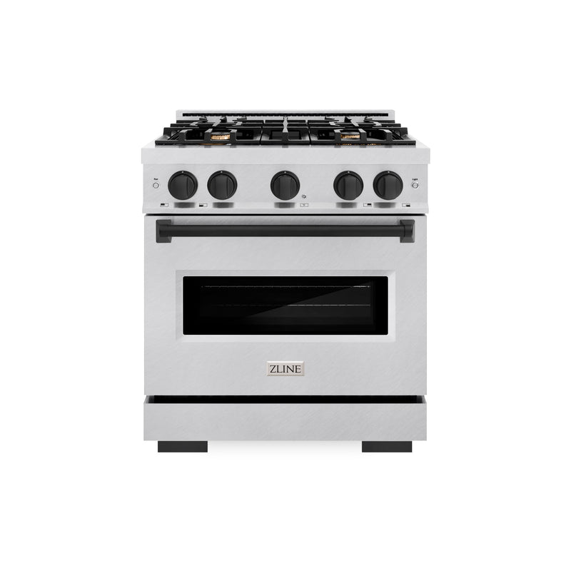 ZLINE Autograph Edition 30 in. 4.2 cu. ft. Classic Gas Range with 4 Burner Cooktop and Convection Gas Oven in Satin Stainless Steel and Matte Black Accents (CGRSZ-30-MB) ZLINE