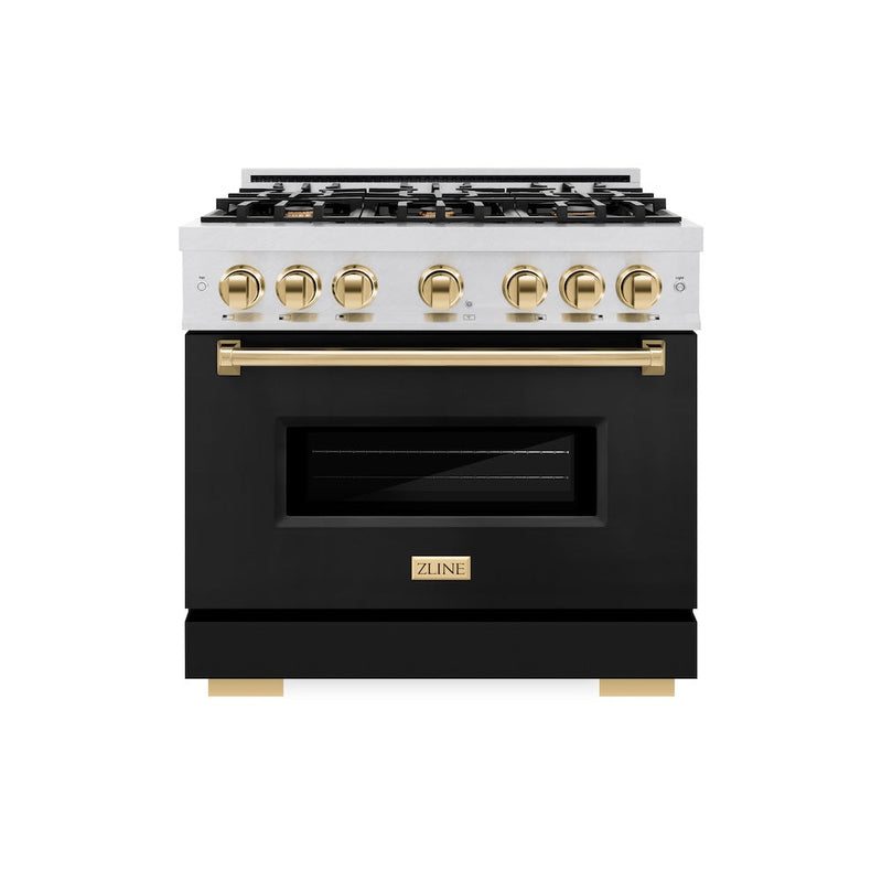 ZLINE Autograph Edition 36 in. 5.2 cu. ft. Classic Gas Range with 6 Burner Cooktop and Convection Gas Oven in Satin Stainless Steel with Black Matte Door and Polished Gold Accents (CGRSZ-BLM-36-G) ZLINE
