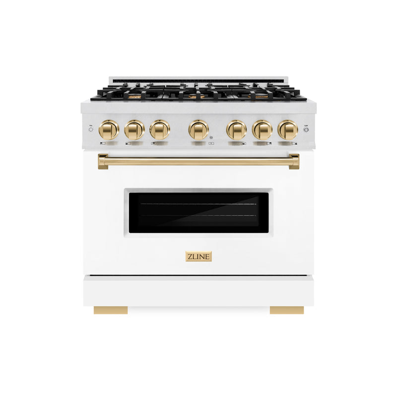 ZLINE Autograph Edition 36 in. 5.2 cu. ft. Classic Gas Range with 6 Burner Cooktop and Convection Gas Oven in Satin Stainless Steel with White Matte Door and Polished Gold Accents (CGRSZ-WM-36-G) ZLINE