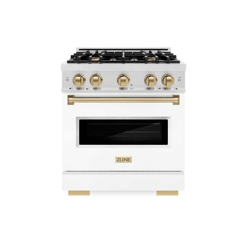 ZLINE Autograph Edition 30 in. 4.2 cu. ft. Classic Dual Fuel Range with 4 Burner Gas Cooktop and Electric Convection Oven in Satin Stainless Steel with White Matte Door and Champagne Bronze Accents (CDRSZ-WM-30-CB) ZLINE