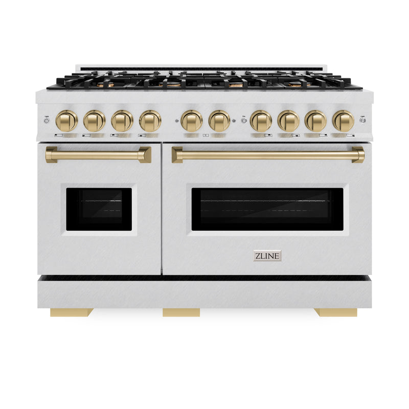 ZLINE Autograph Edition 48 in. 6.7 cu. ft. Classic Double Oven Dual Fuel Range with 8 Burner Gas Cooktop in Satin Stainless Steel and Champagne Bronze Accents (CDRSZ-48-CB) ZLINE